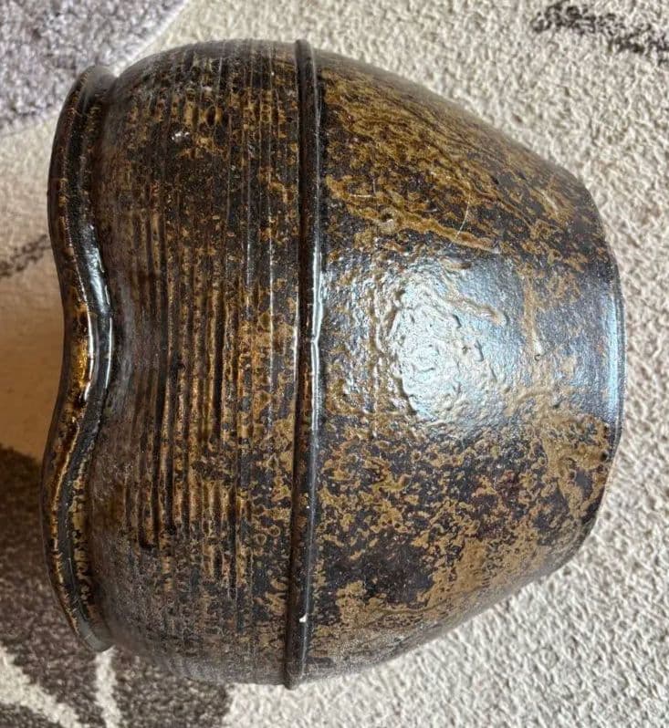 丹波焼　灰釉印花文甕　水差し花生け　骨董品アンティーク