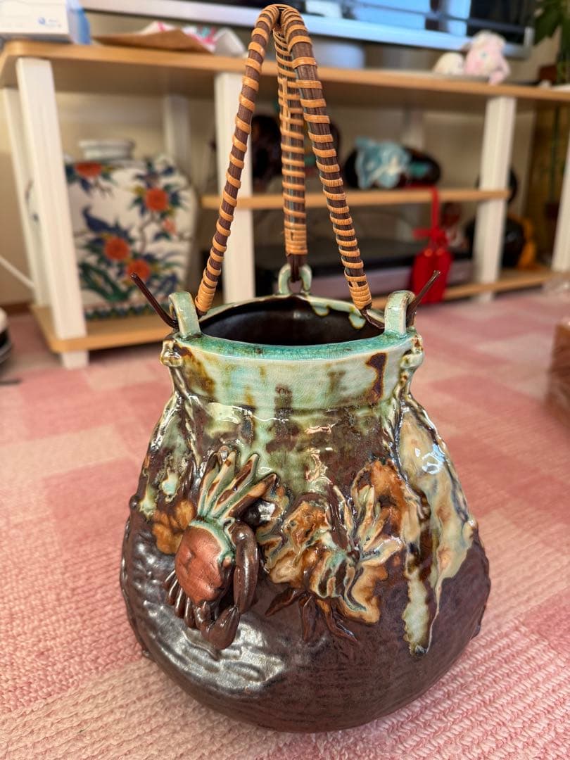 相馬焼？信楽焼？蟹　カニ装飾の陶器花瓶　置物　アンテリア