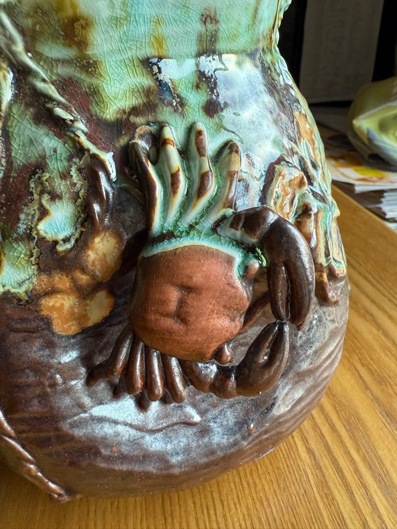 相馬焼？信楽焼？蟹　カニ装飾の陶器花瓶　置物　アンテリア