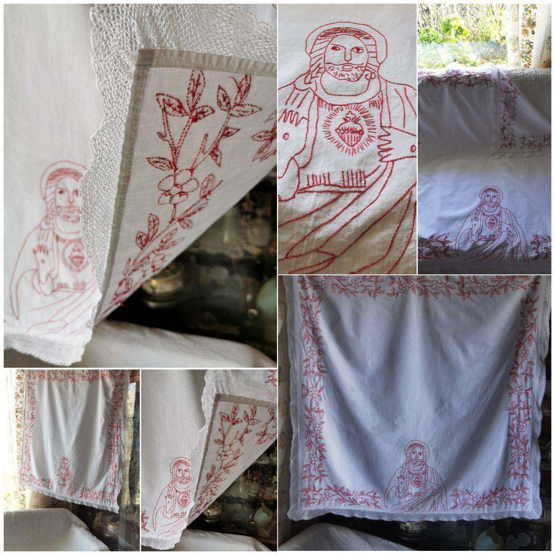 アンティーク仏/独 イエスの聖心 レッドワーク クロシェ編レース リネンクロス