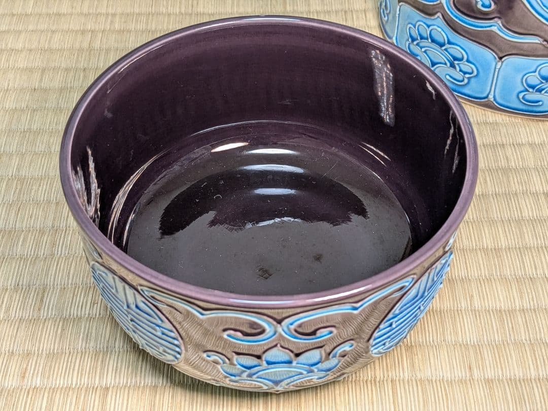 中村翠嵐　偕楽園写寿の字皆具　交趾焼　紫交趾