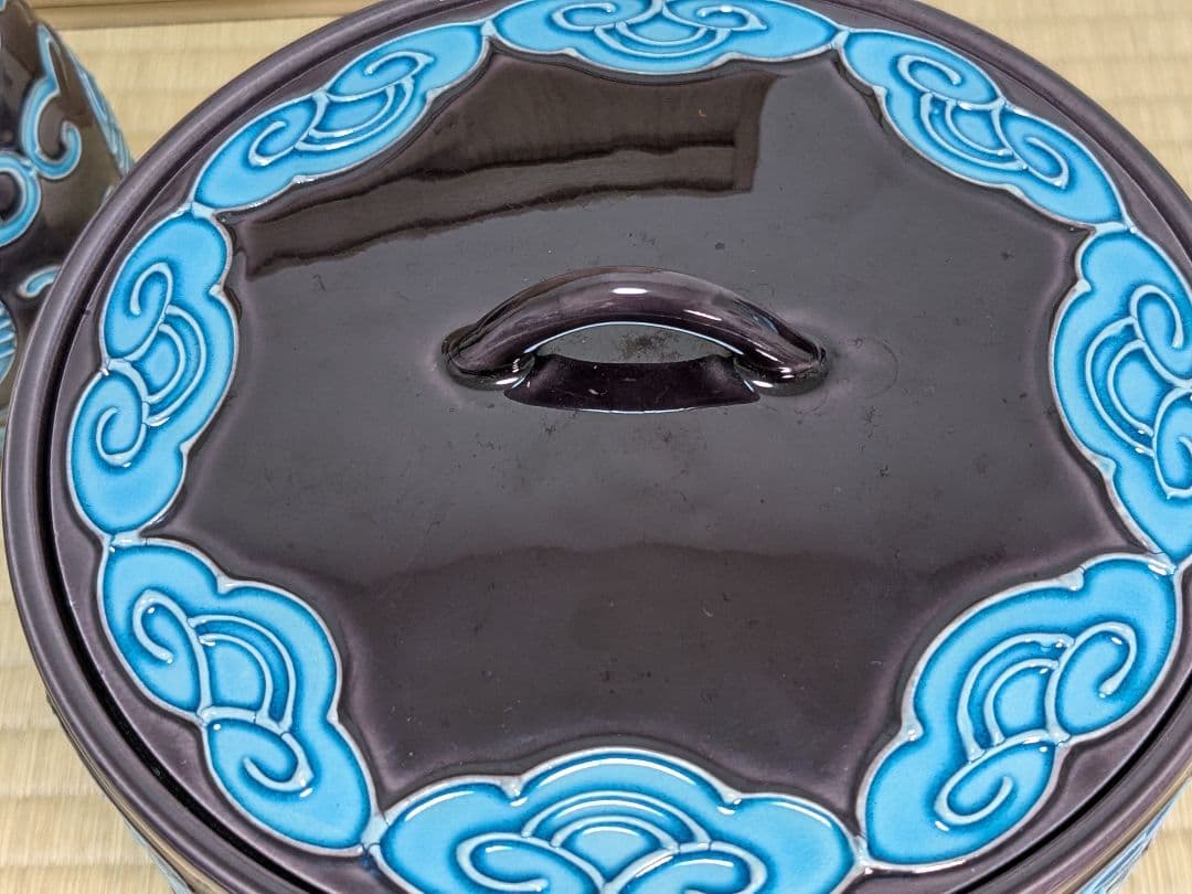 中村翠嵐　偕楽園写寿の字皆具　交趾焼　紫交趾