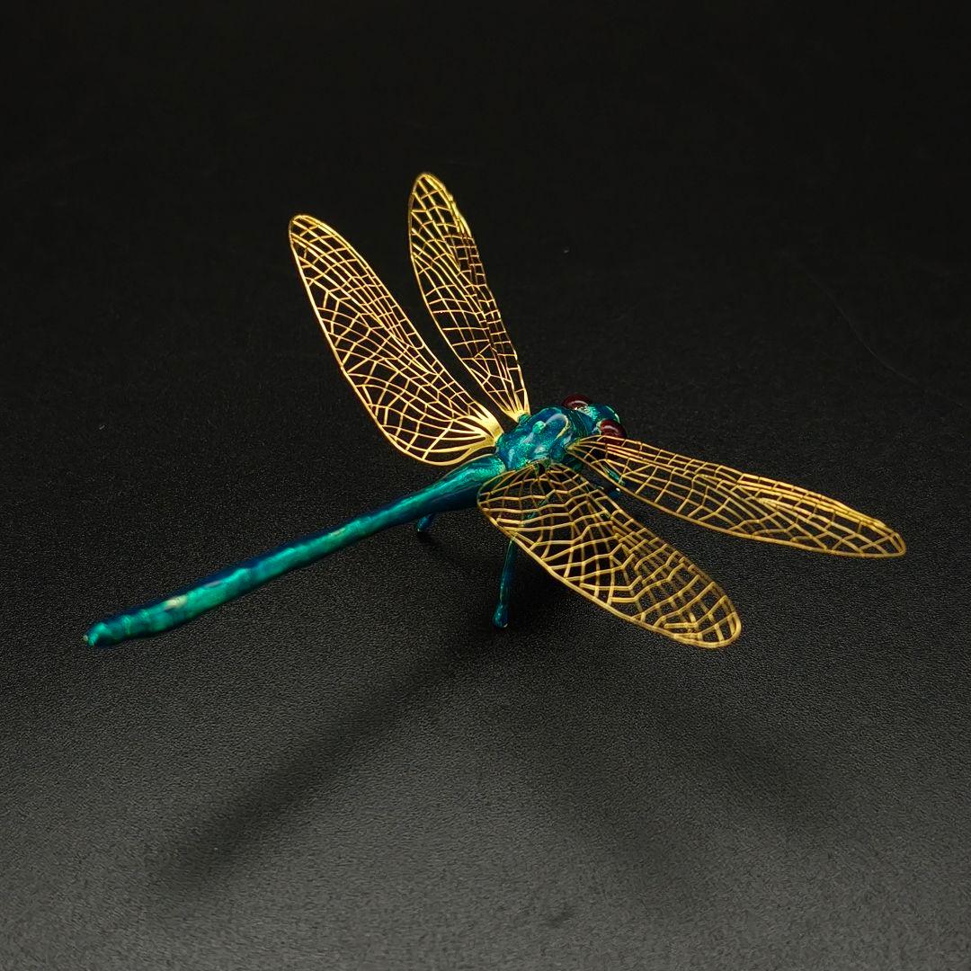 銅製置物　勝虫　蜻蛉　金メッキ　金工品　青色　銅製　薄翼　インテリア置物　箱付