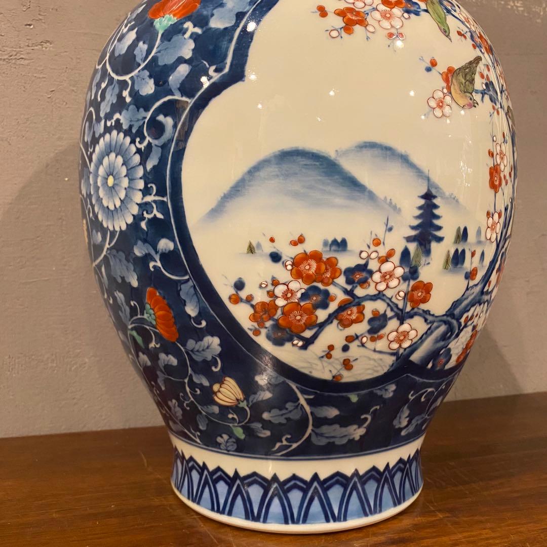 有田焼 池田視行作 二方割 花鳥文 大壺 36cm 骨董品 染錦　コレクション