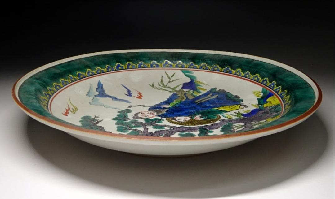 九谷焼 太田俊英 造 賢人紋 大皿 幅約32cm 青手九谷 f031314