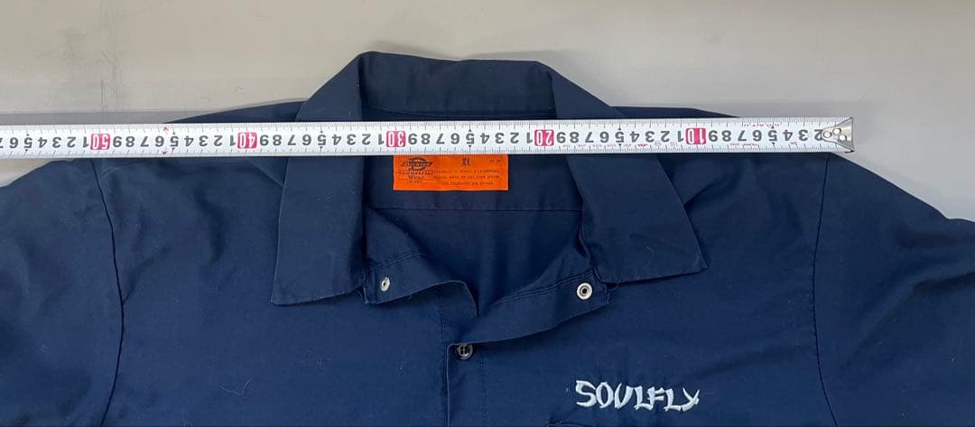 90s SOULFLY Dickies 半袖ワークシャツ XL ネイビー刺繍ロゴ
