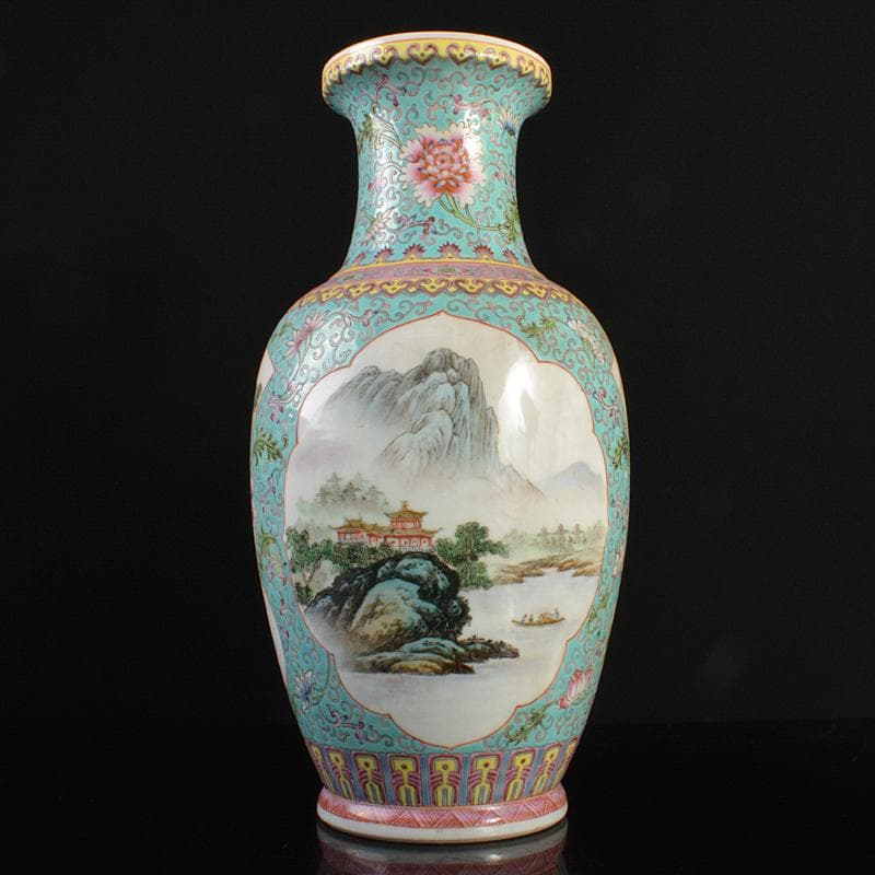 中国　中国景徳鎮製款　粉彩　花弁山水文盤口瓶　M　R6661B