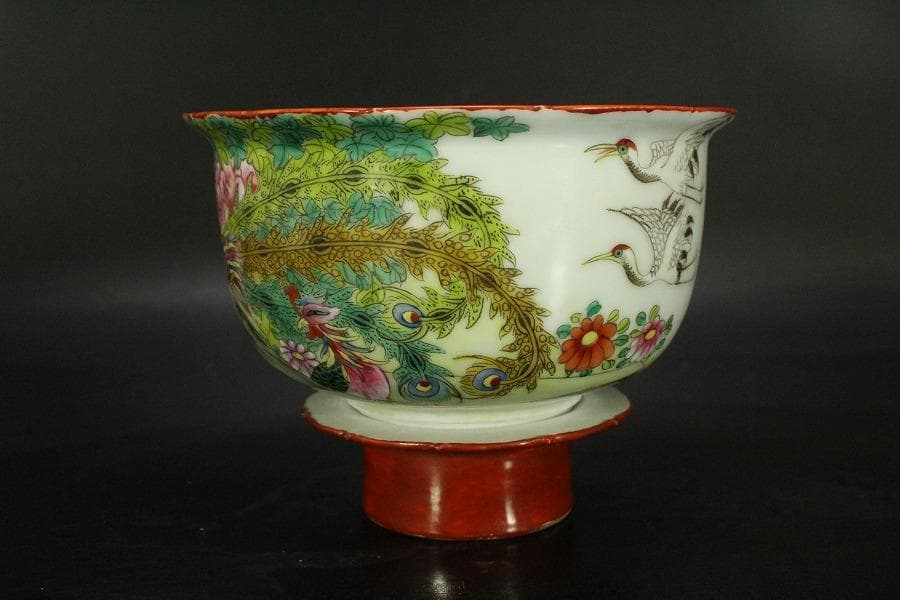 中国美術 粉彩 花鳥紋 珊瑚釉 遊高台 洗 φ14cm 光緒年製(LC255)