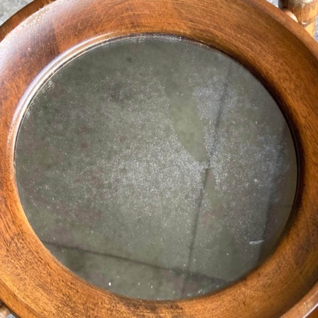 古い味のある卓上鏡 鏡台 ミラー 木製 回転式 丸型 民藝 レトロ ヴィンテージ