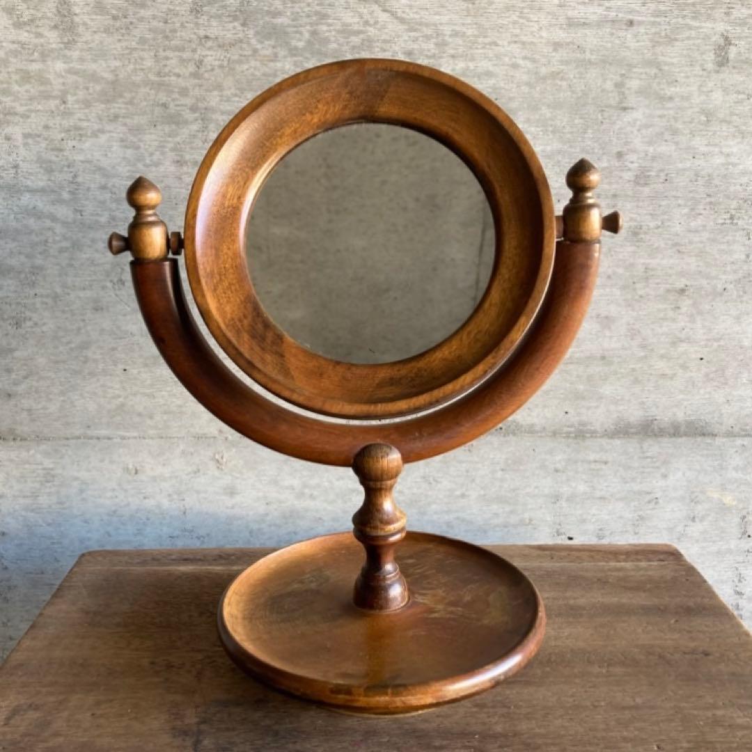 古い味のある卓上鏡 鏡台 ミラー 木製 回転式 丸型 民藝 レトロ ヴィンテージ