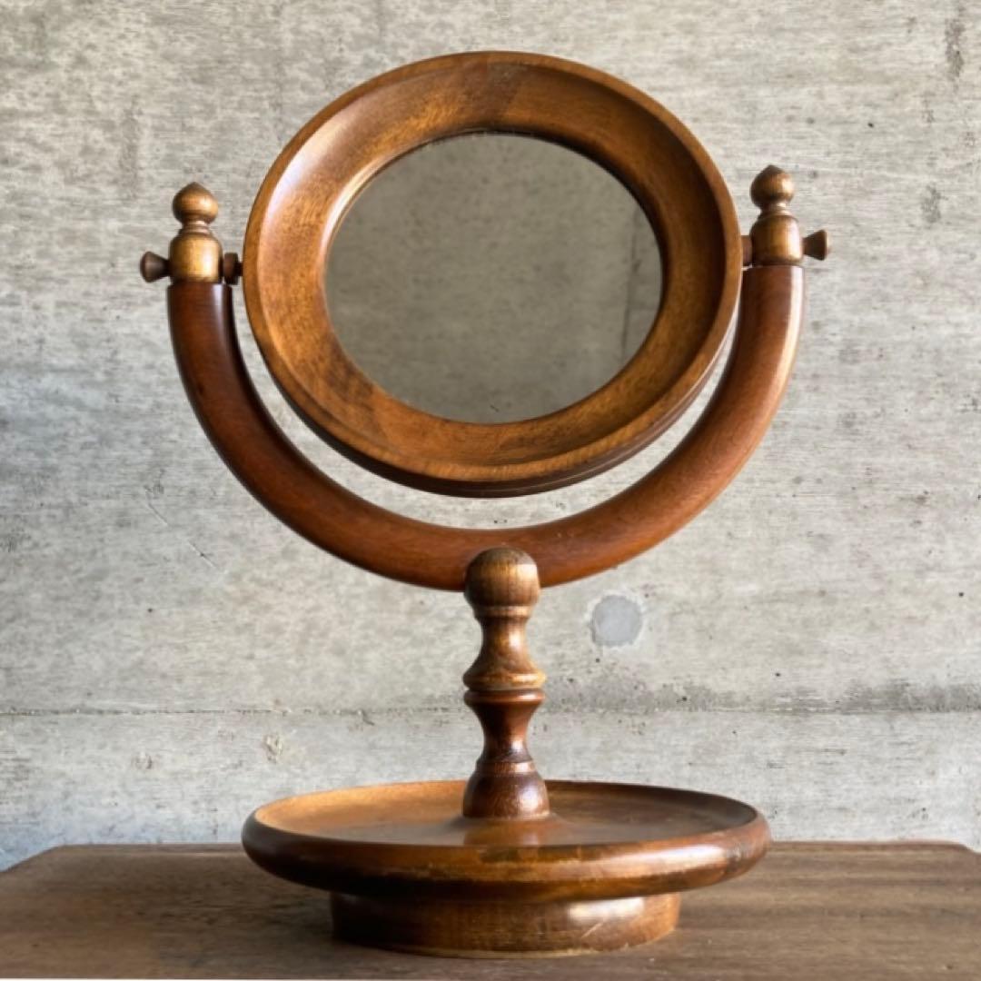 古い味のある卓上鏡 鏡台 ミラー 木製 回転式 丸型 民藝 レトロ ヴィンテージ