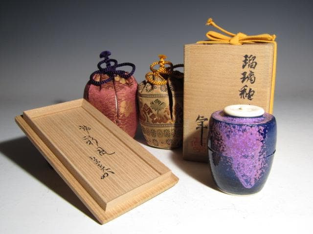 加藤卓男 瑠璃釉茶入「彩風」替え仕覆 眼鏡箱 堀内流 兼中斎 宗完花押！o565