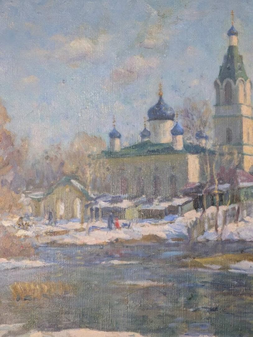 【真作】絵画　油彩10号　冬の教会　ロシアの雪景色　箱・黄袋入　Y54