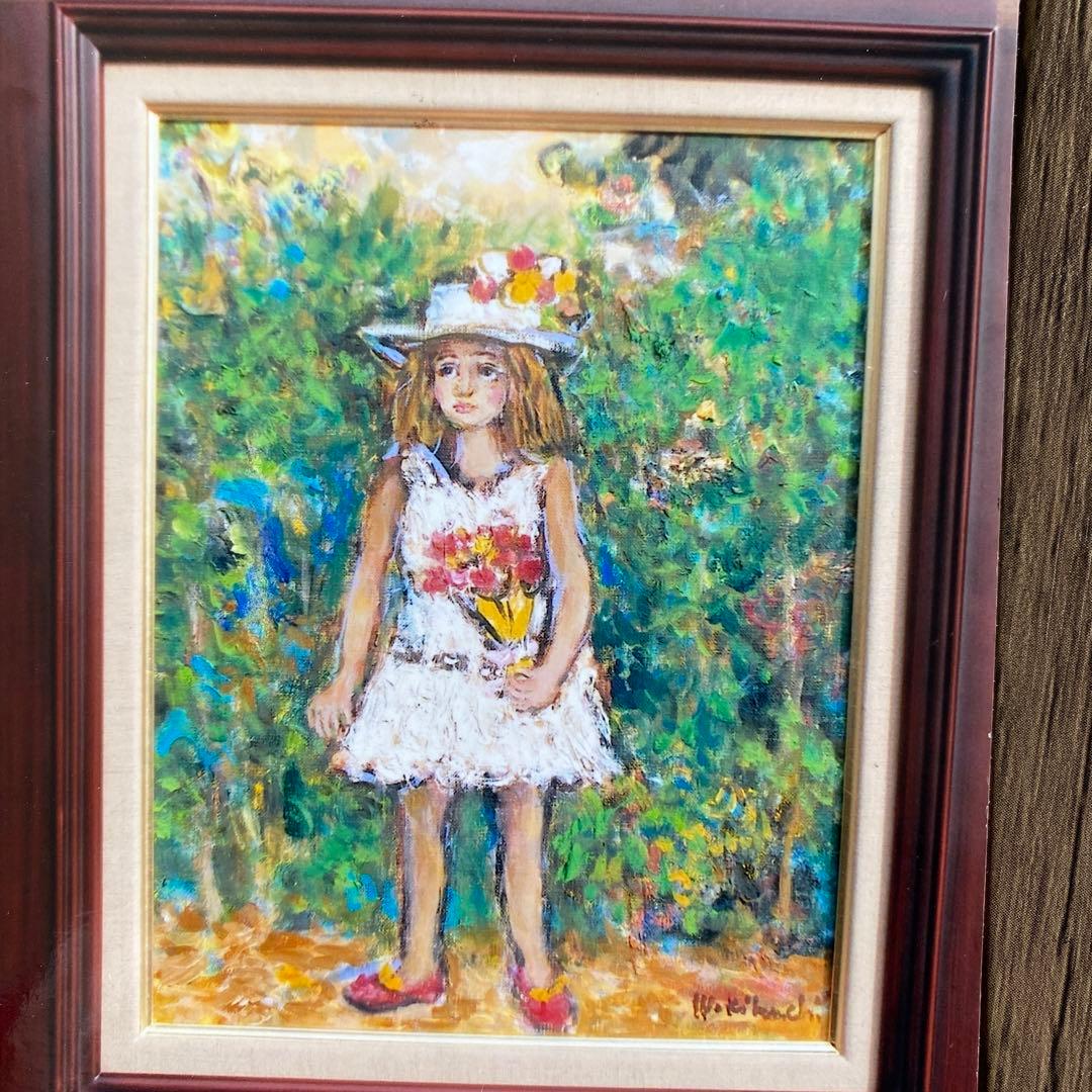 絵画　油彩画　油絵　「ブーケを持つ少女」F6号　菊地正則　額付き　美品　送料無料