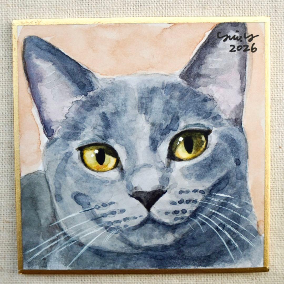 猫の絵 403 水彩画 原画 ミニ色紙 豆色紙 グレー猫