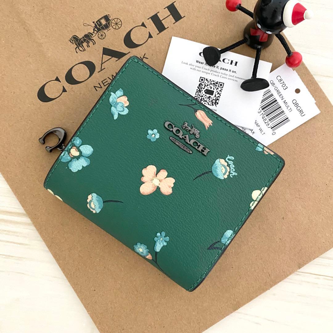限定品 新品 COACH コーチ 折り財布 花柄 グリーン 二つ折り財布