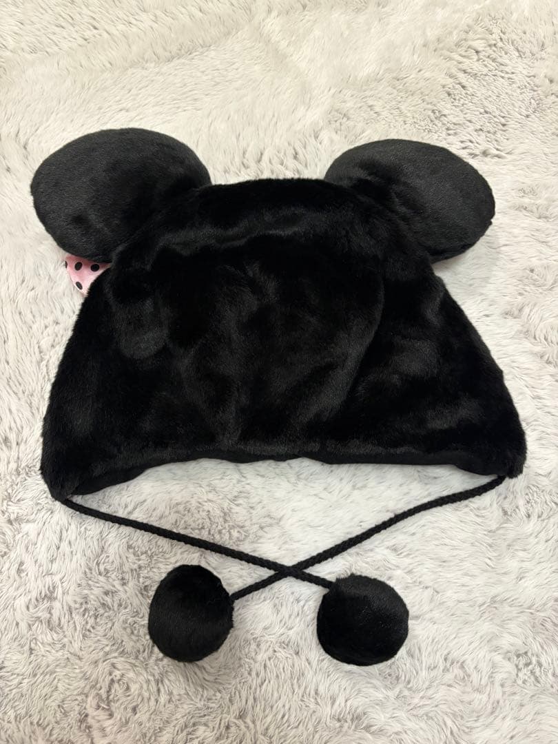 ミニーちゃん ファンキャップ 黒 ピンク リボン付き