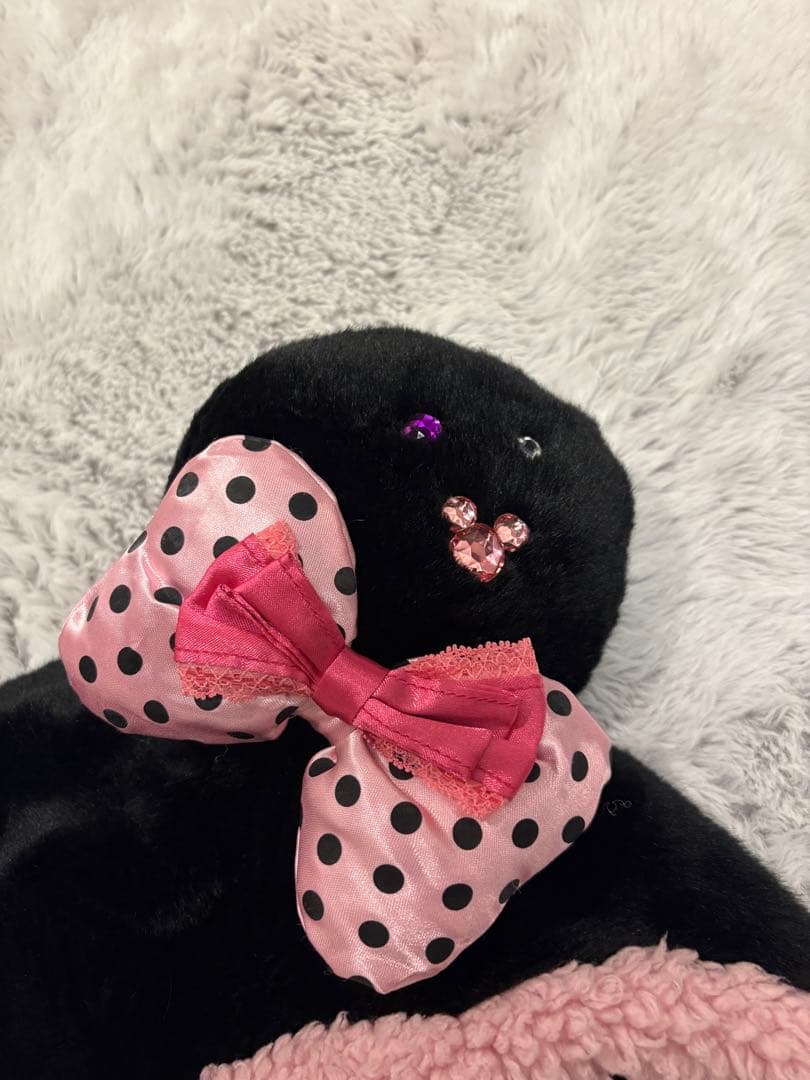 ミニーちゃん ファンキャップ 黒 ピンク リボン付き