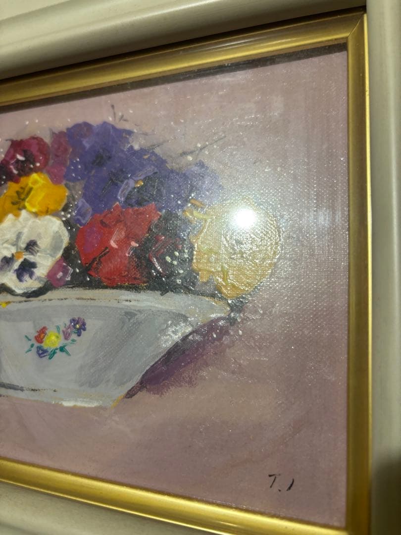 値下げしました　市村司　三色すみれ　油絵 静物画 額装 インテリア 美術品