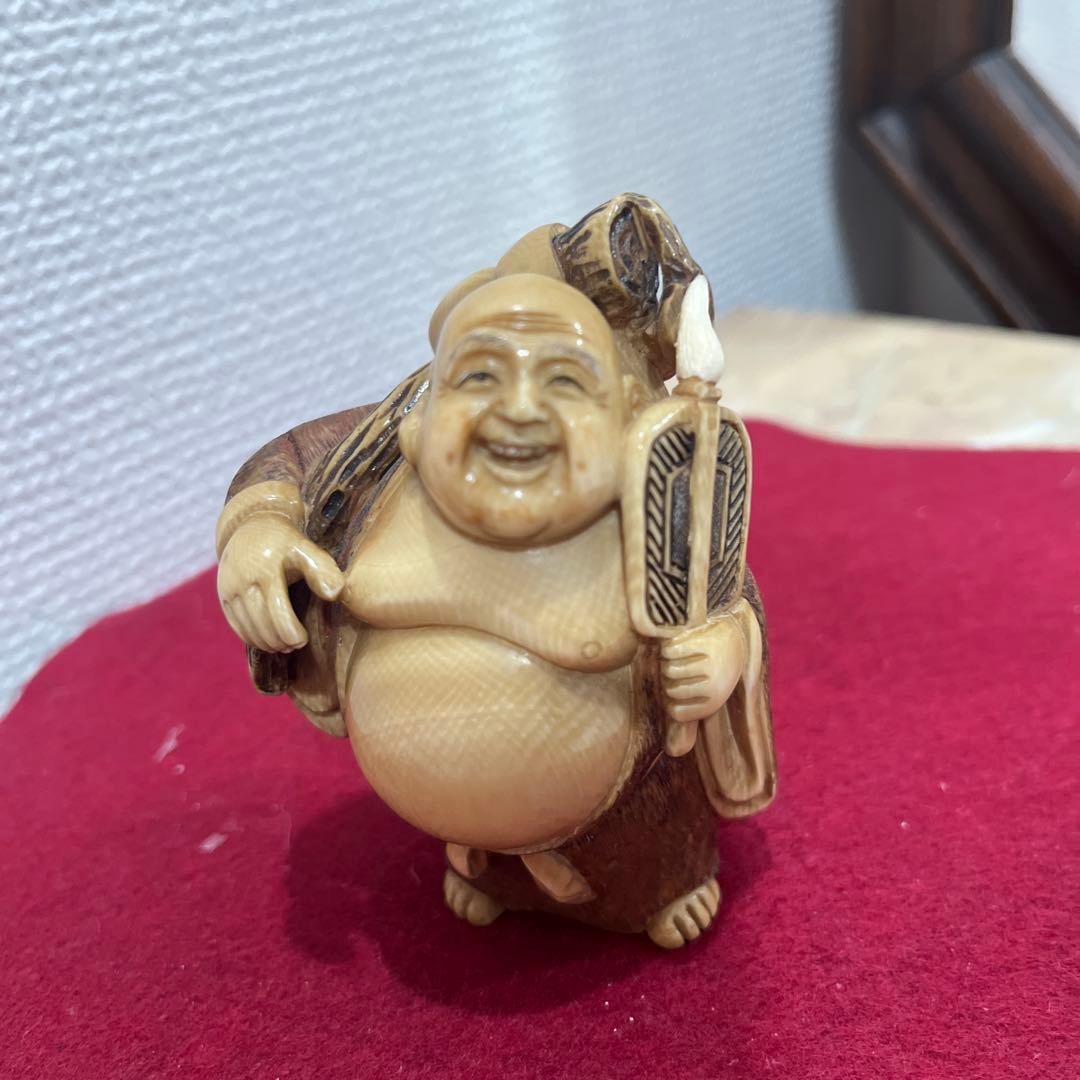 古物福の神の細い彫刻7.5センチ