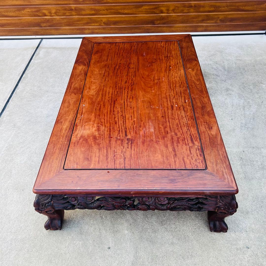 高級唐木　獅子龍彫刻付き　漆仕上げ　長座卓　150センチ幅　テーブル　一枚板