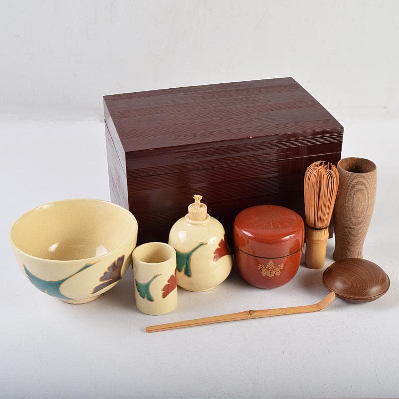 茶道具　利休茶箱　原平作　茶碗　朱塗　棗など　八点　一式　M　R9461