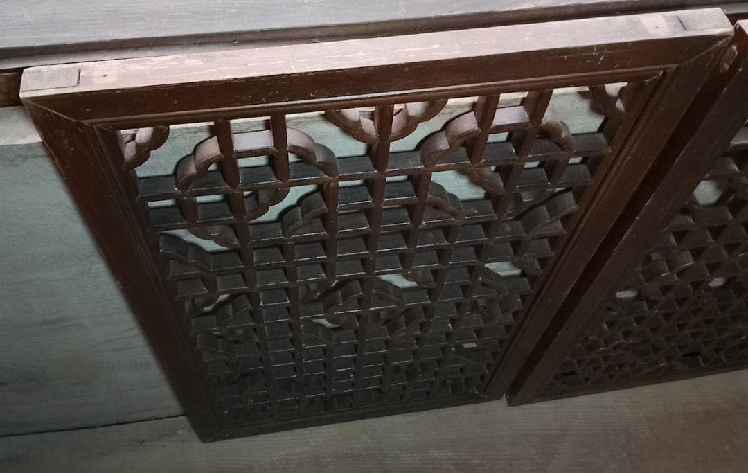アンティーク 木製 格子 建具 2枚セット 幾何学模様 透かし彫り 時代家具