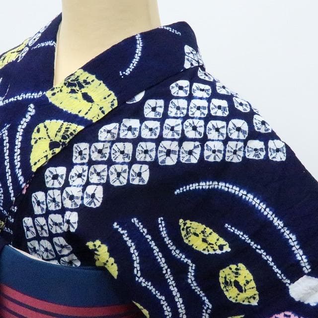 Y3195◆美品 有松鳴海絞り 綿 背当て付 手縫い 毬 高級浴衣 洗える夏着物