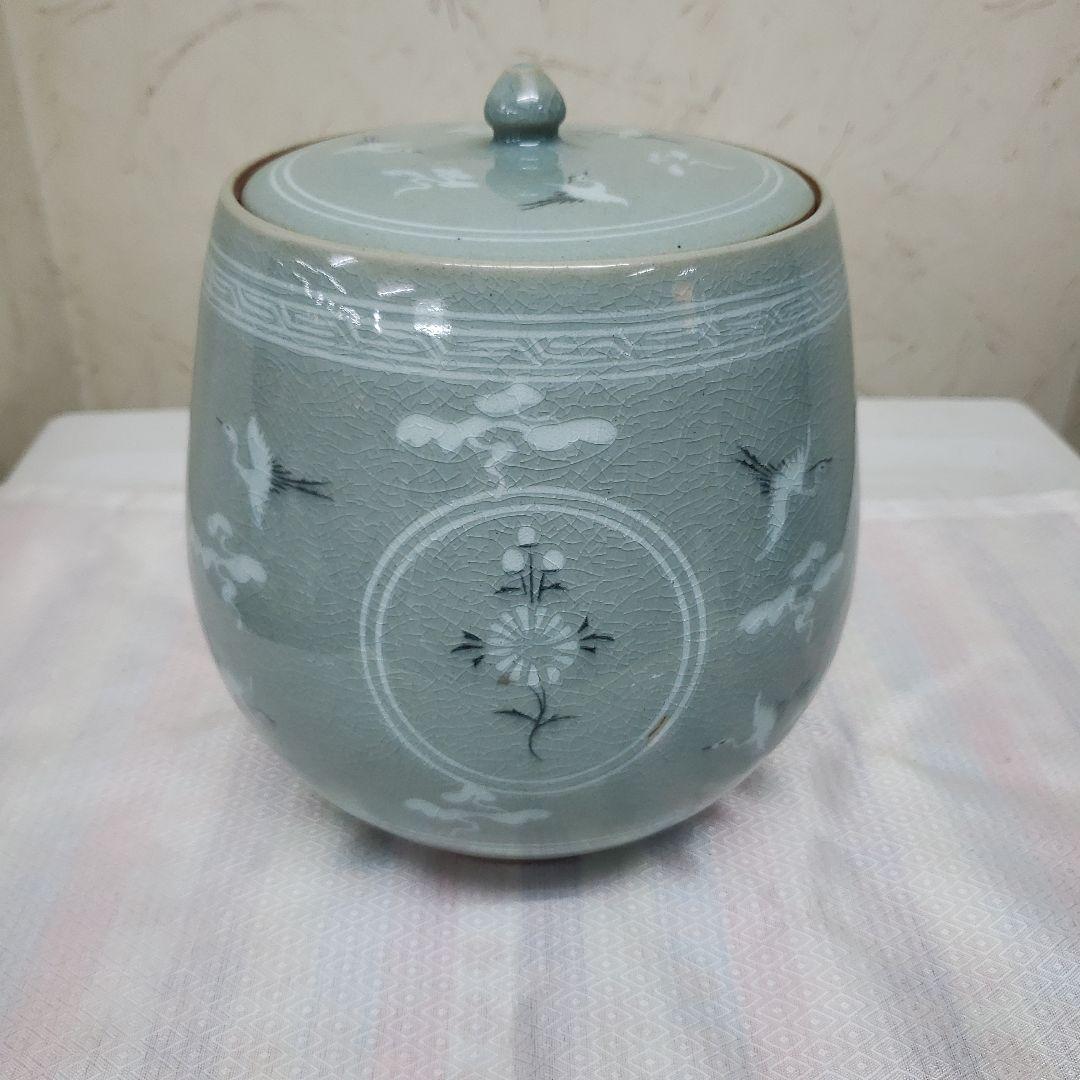 Ｂフライデー蔵出し特価青緑色 陶器 水差し 鶴模様高さ19cm直径15cm作家物