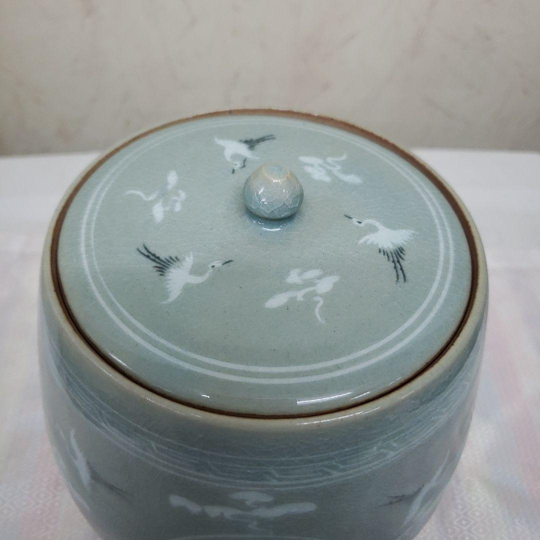 Ｂフライデー蔵出し特価青緑色 陶器 水差し 鶴模様高さ19cm直径15cm作家物