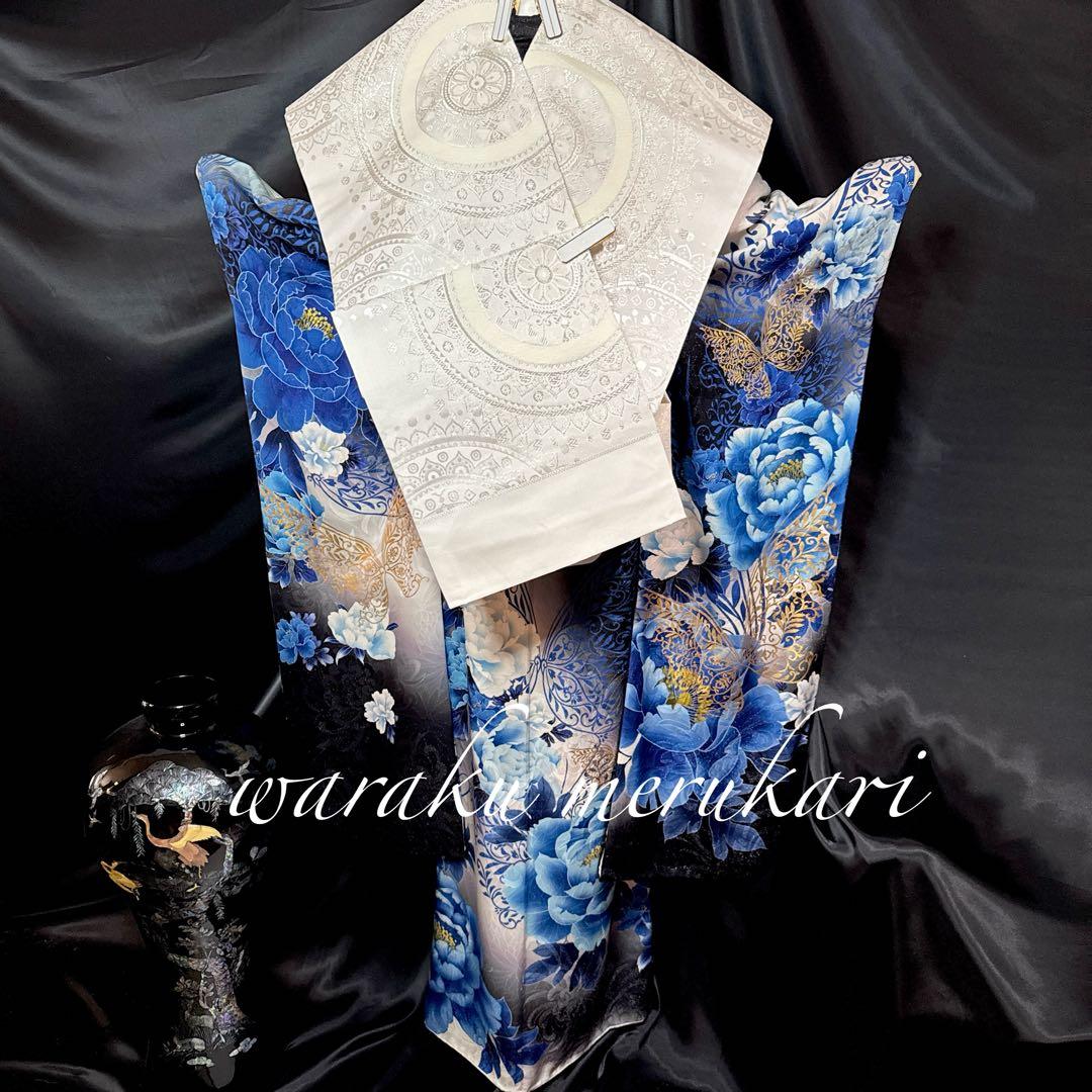 ♦︎御専用ページ♦︎大胆な牡丹と蝶々の紋様振袖♦︎成人式♦︎銀通し♦︎正絹逸品