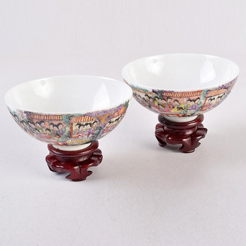 中国　大清光緒年製　粉彩　百美図　茶碗　一對　唐木台付　M　R8899