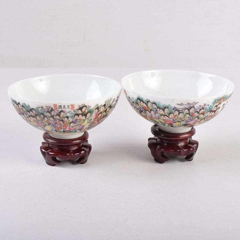 中国　大清光緒年製　粉彩　百美図　茶碗　一對　唐木台付　M　R8899