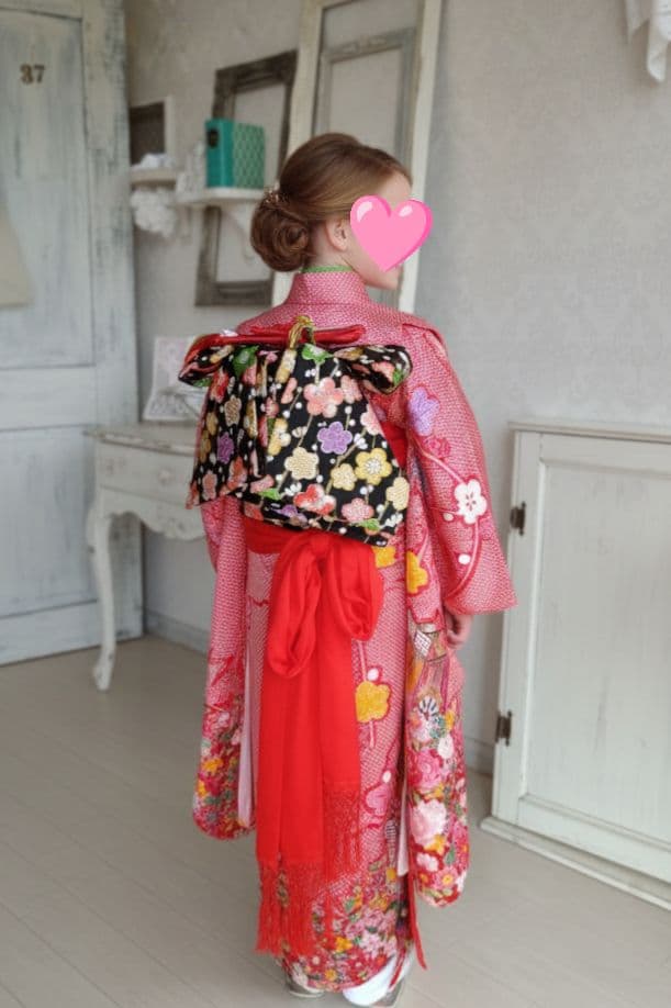 赤に鹿の子模様の着物に作り帯フルセット