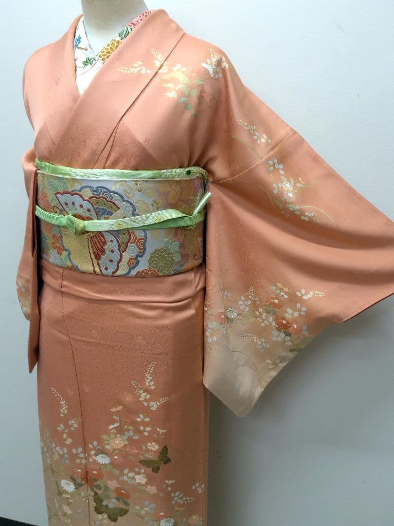 735　半額セール　正絹　鈴乃屋誂え　珊瑚色　訪問着　 4点フルセット