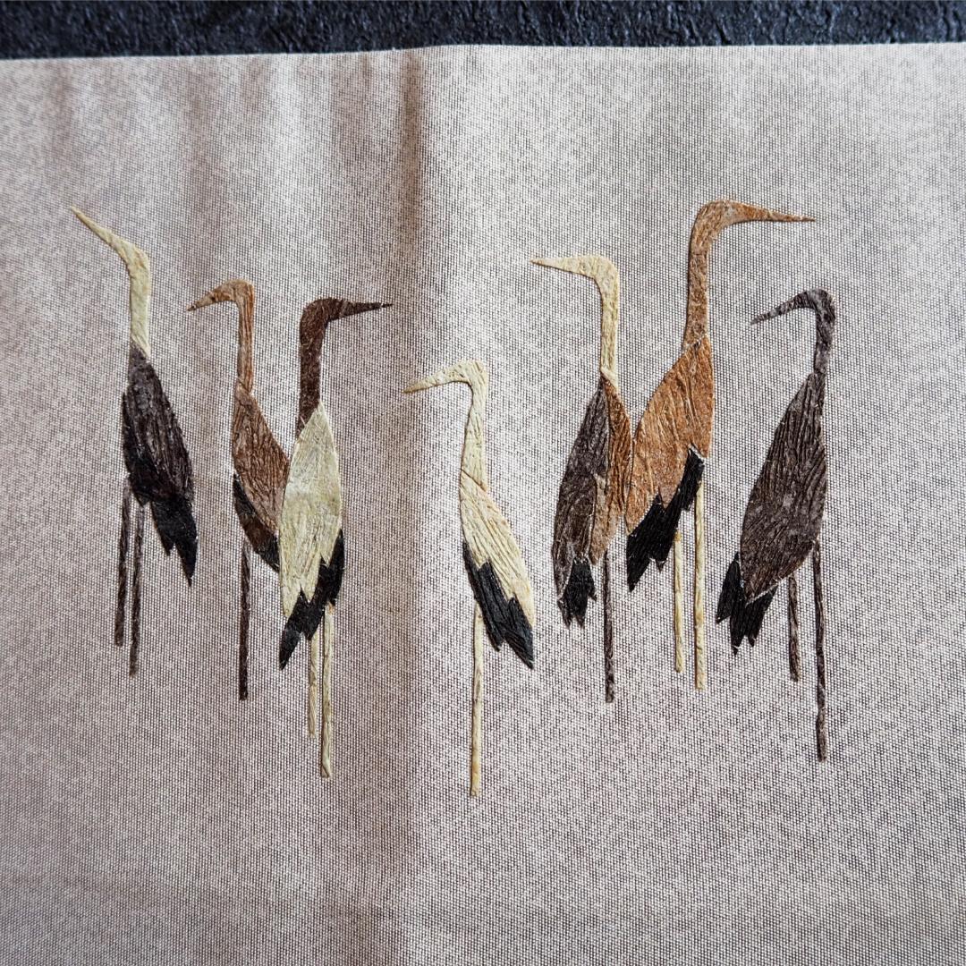 みの虫工芸作家　草苑白水　太鼓柄袋帯　群れ立ち鶴　正絹　逸品　ベージュ