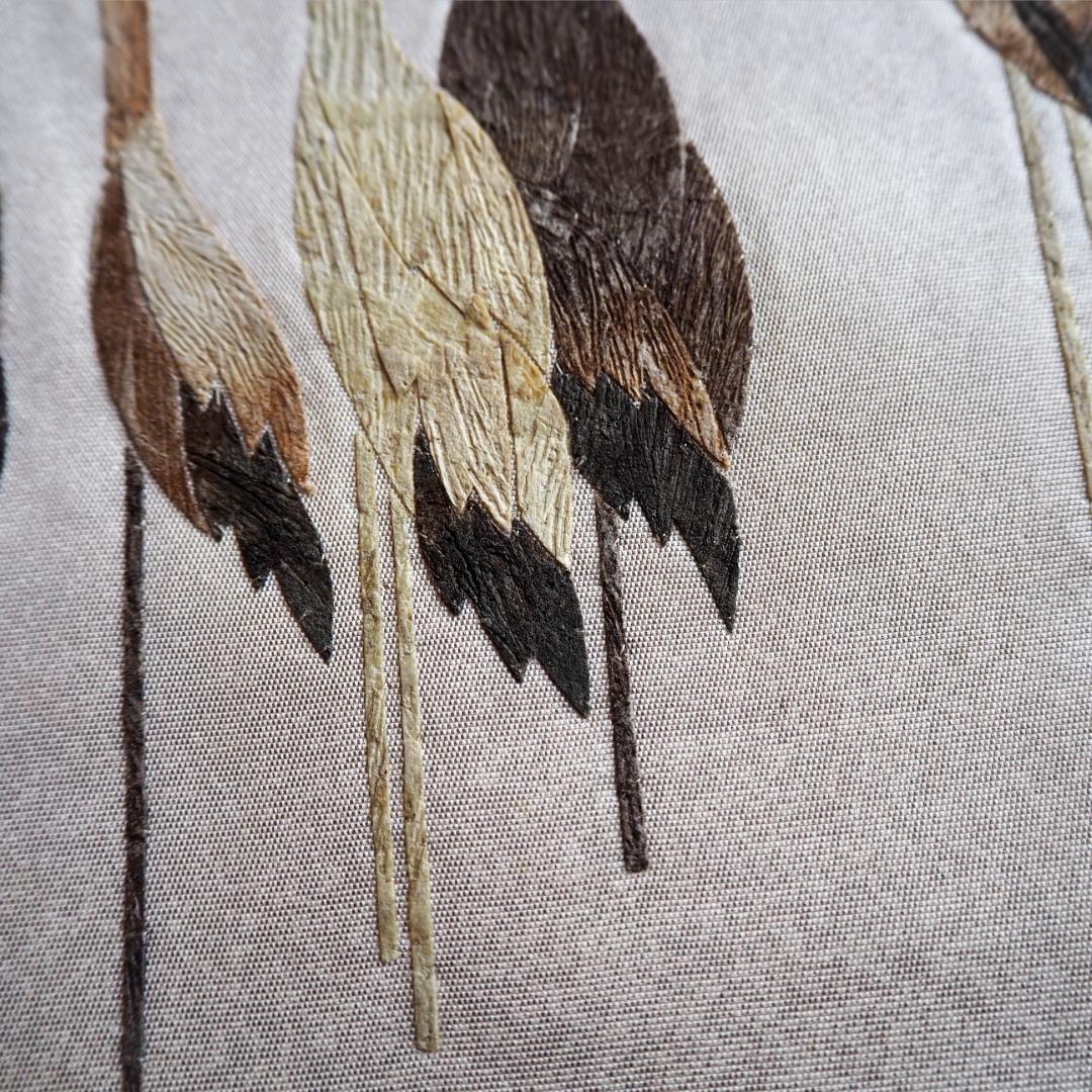 みの虫工芸作家　草苑白水　太鼓柄袋帯　群れ立ち鶴　正絹　逸品　ベージュ