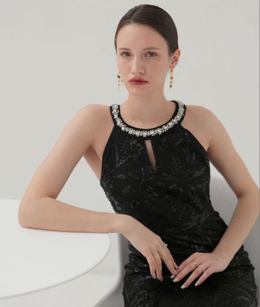 【LEJA LUXE】ビジューホルターネックボタニカルマーメイドドレス