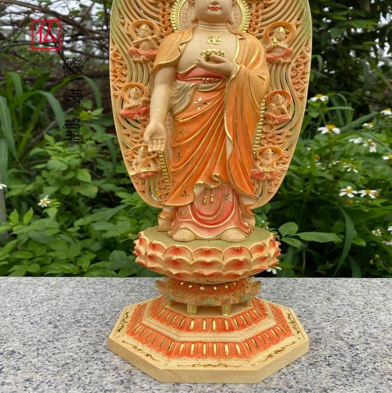 【修縁堂】仏教工芸品 彩繪 金箔 釈迦牟尼 仏教美術 置物 仏壇 仏像