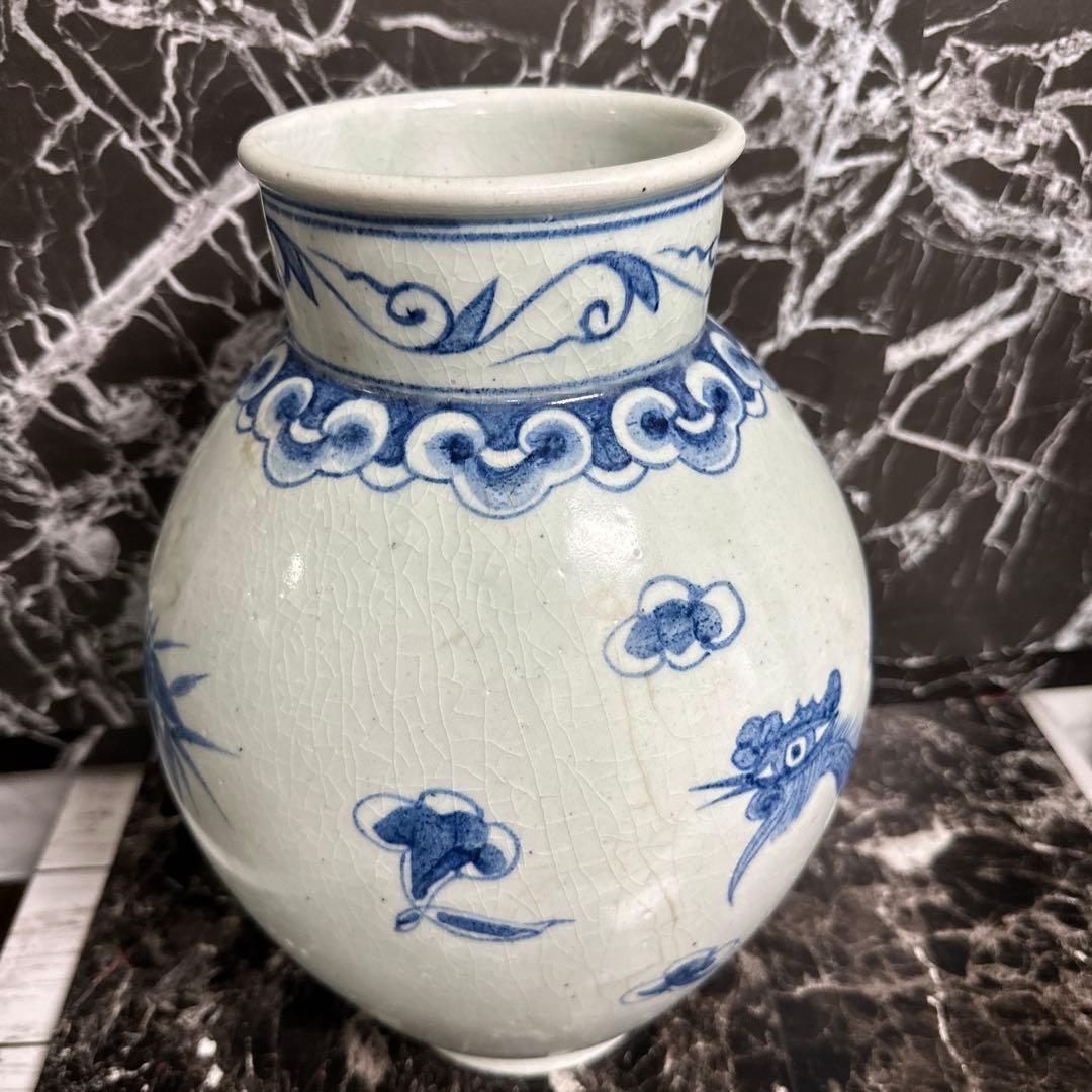 李朝染付、竹雲鳳凰提灯、大壺。　完品、無傷。