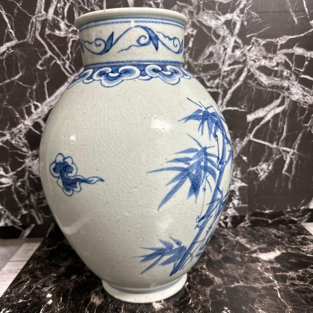 李朝染付、竹雲鳳凰提灯、大壺。　完品、無傷。