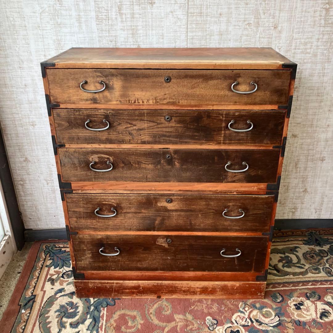 昭和レトロ 古家具 木製箪笥 5段 引き出し箪笥 シャビーな風合い ビンテージ