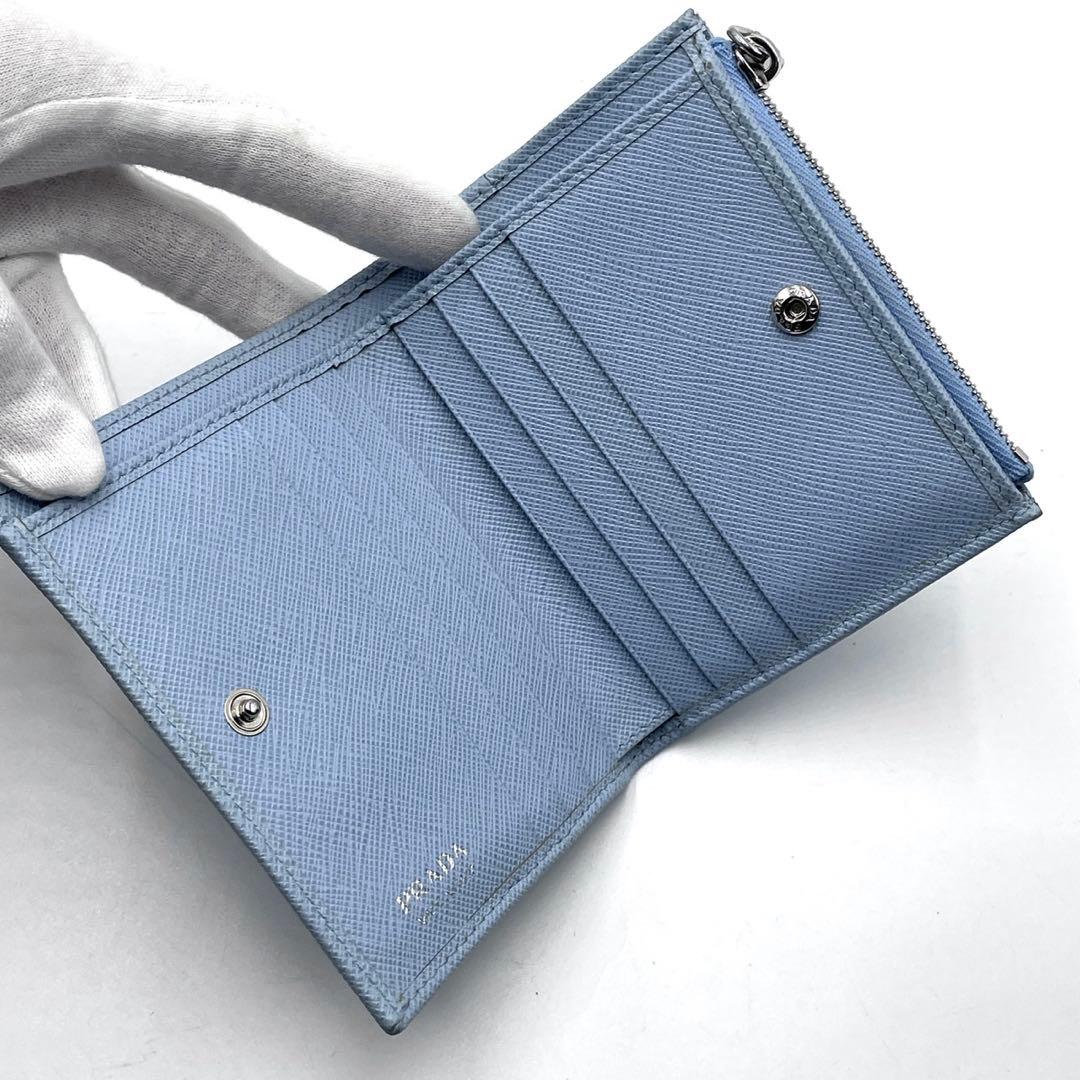 極美品/現行モデル● プラダ 折り財布 二つ折り 三角ロゴ サフィアーノ ブルー