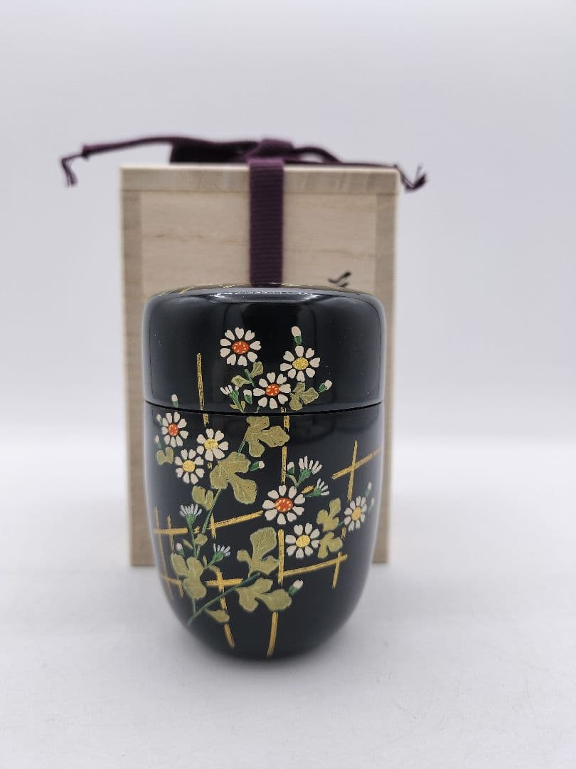 c547【新品・未使用】長棗 菊垣蒔絵 佐々木麗峰 木箱 茶道具