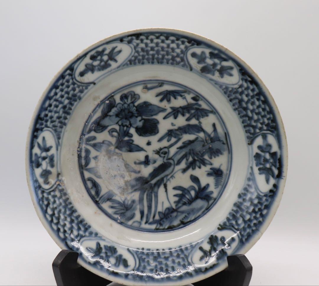 中国　明時代　染付　花鳥紋大皿　アンティーク　送料込み250124