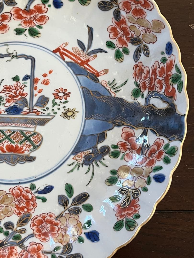 希少清朝初期　康熙年間　五彩　桜花輪花八寸皿　花籠　中国古玩古伊万里中国古美術