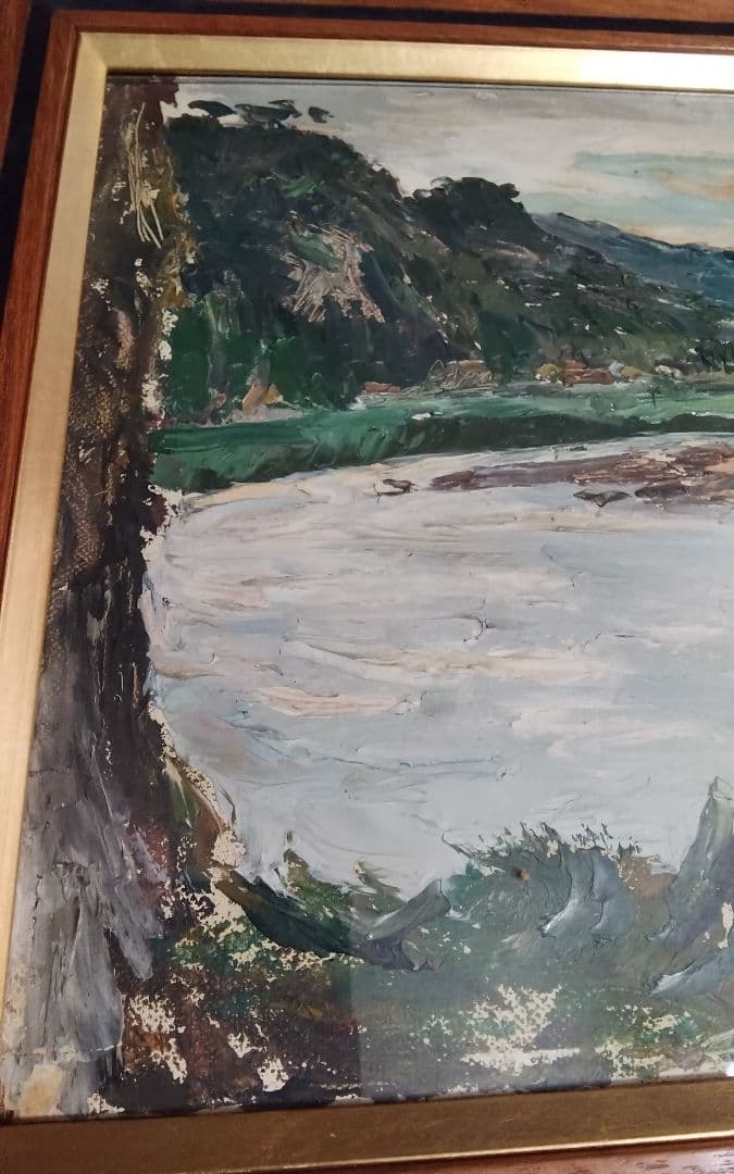 萩谷巌　板に油彩F4河原風景巨匠サロン・ドートンヌ審査員美術年鑑1号43万画家