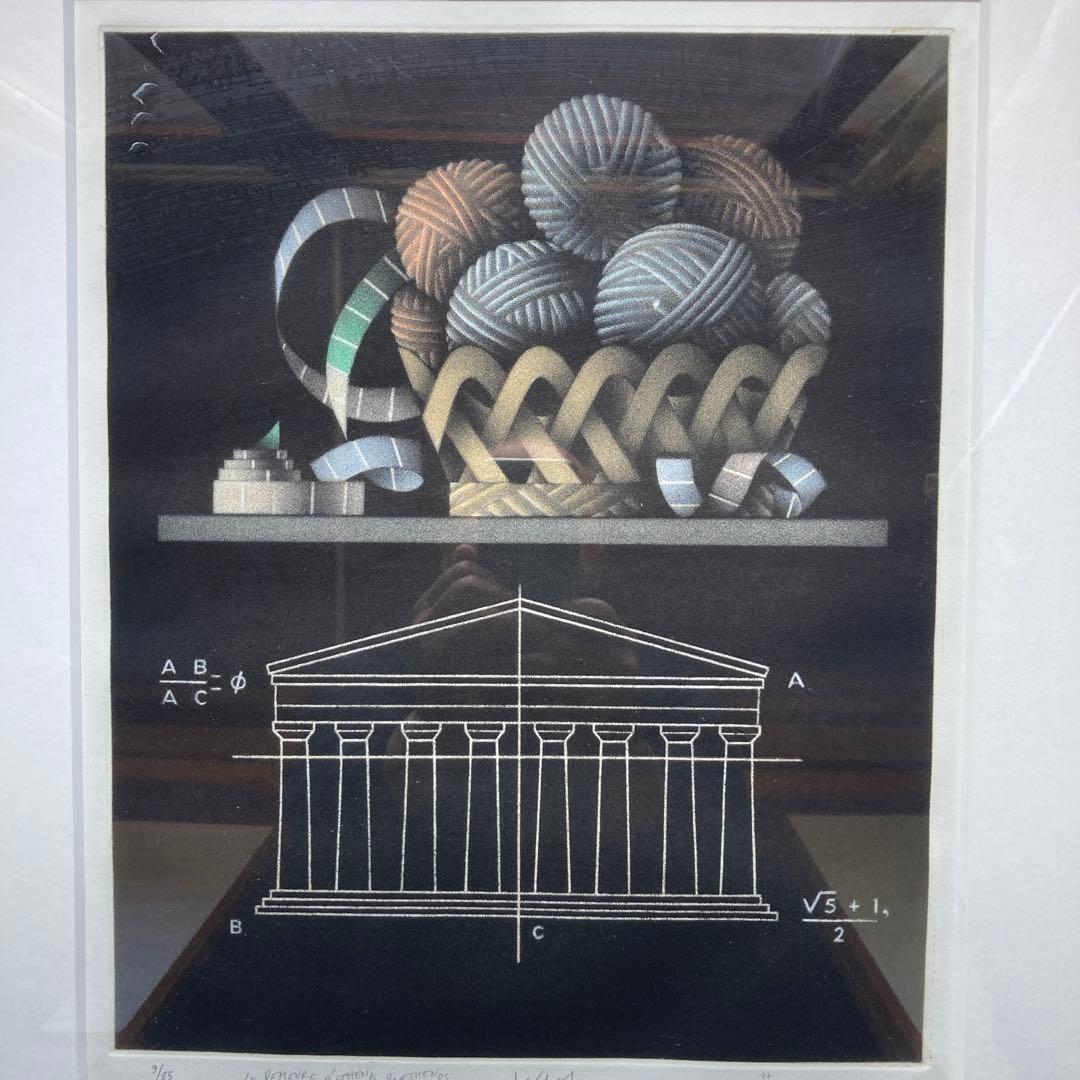 マリオ・アバチ　アテネのパルテノン神殿と毛糸の玉 額縁60×52絵34×27CM