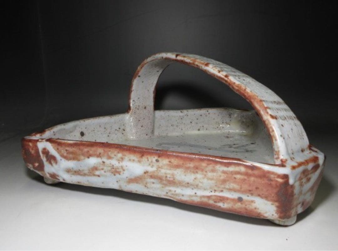 北大路魯山人 志野 阿ふぎ 手付鉢◇共箱◇絵志野 扇形　鉢