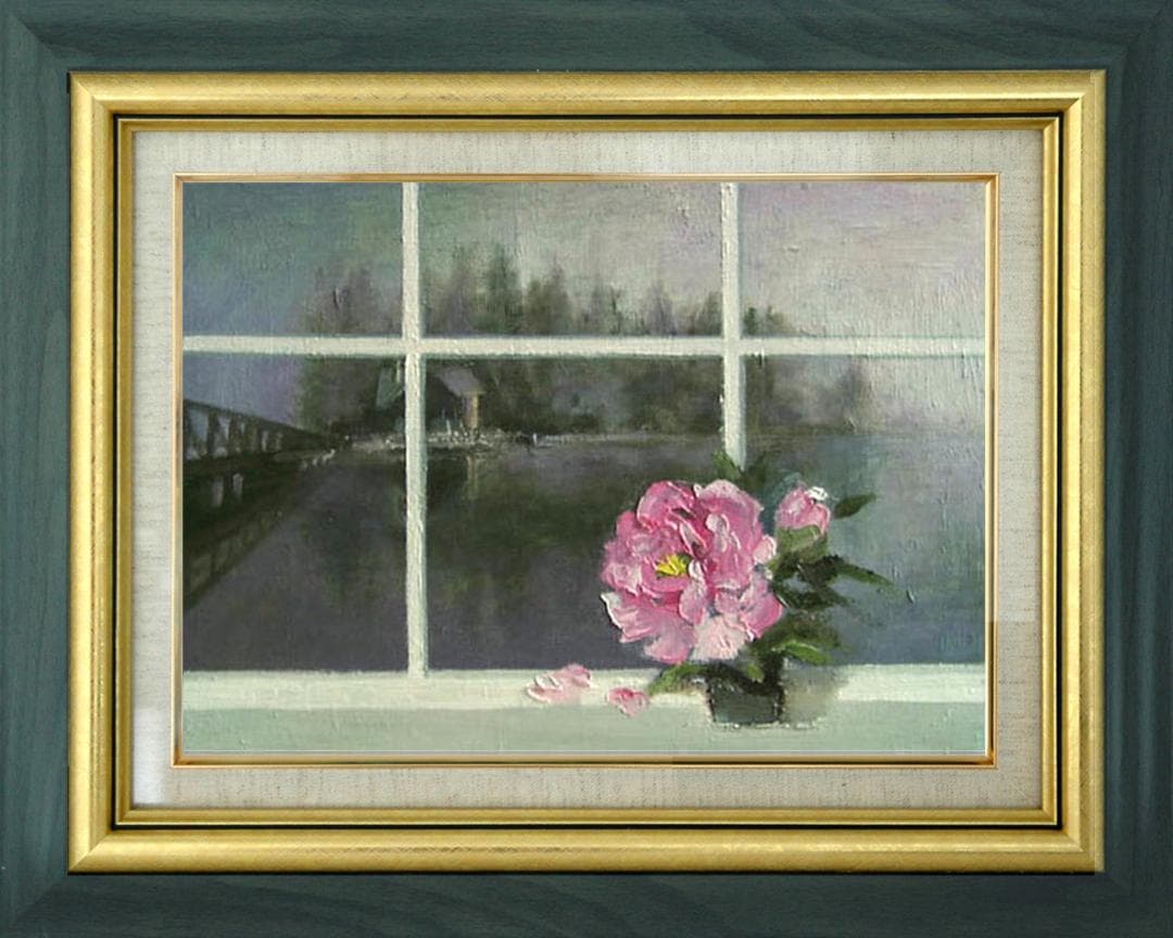 油絵 菅家令子 絵 絵画インテリア 額付(青緑＋金色の枠) F4-070602花